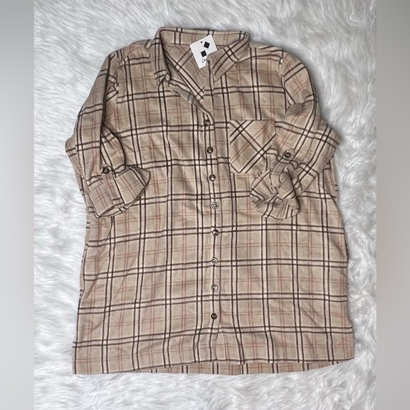 New Plaid Button Up Shacket Dress With Roll Up Sleeves - Picture 7 of 9